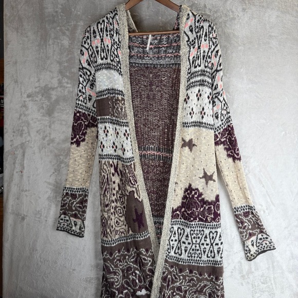 Free People Sweaters - Indie Boho Free People Hooded Duster Cardigan Burgundy Knit Star Long Sweater S